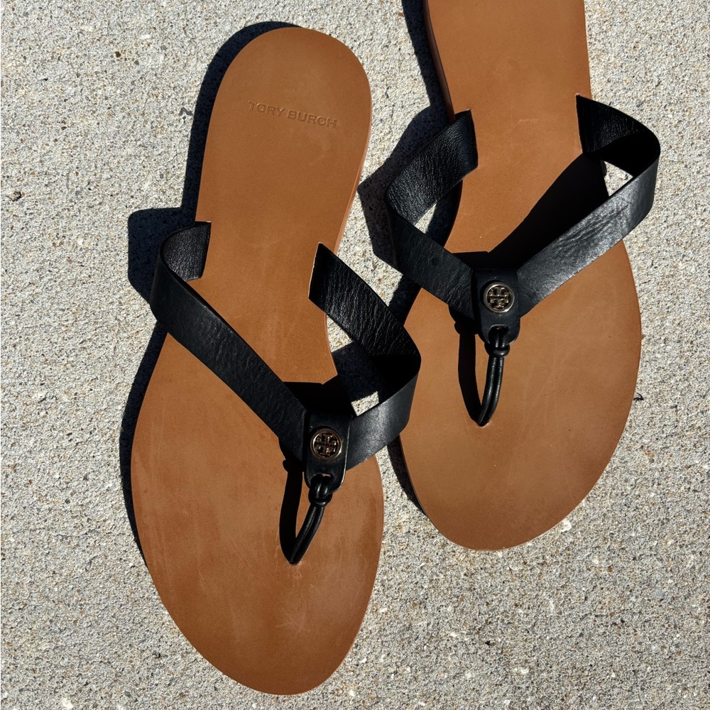 Tory Burch Black and Brown Sandals with Metal Accents